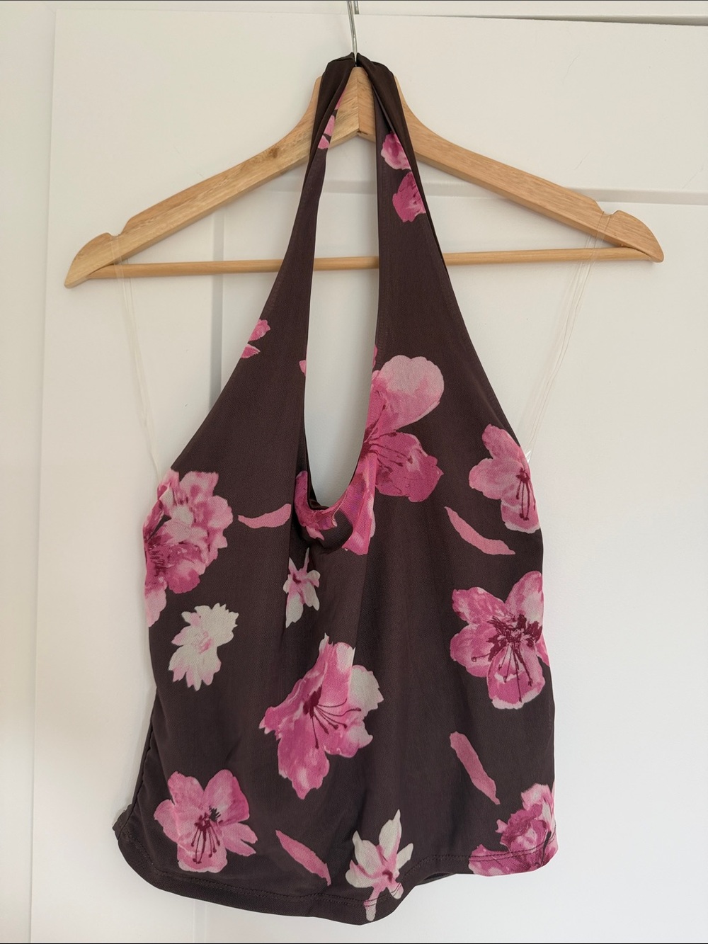 Women’s Brown Halter Top with Pink Floral Print NWOT